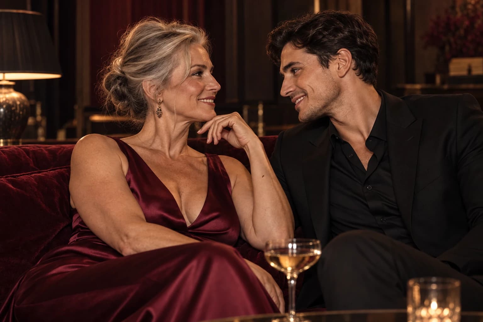 Uma mulher madura, de vestido bordô, e um homem adulto mais jovem, de terno escuro, sentados lado a lado num sofá de veludo, olhando um para o outro. Cena editorial de IA; personagens fictícios, não são membros.