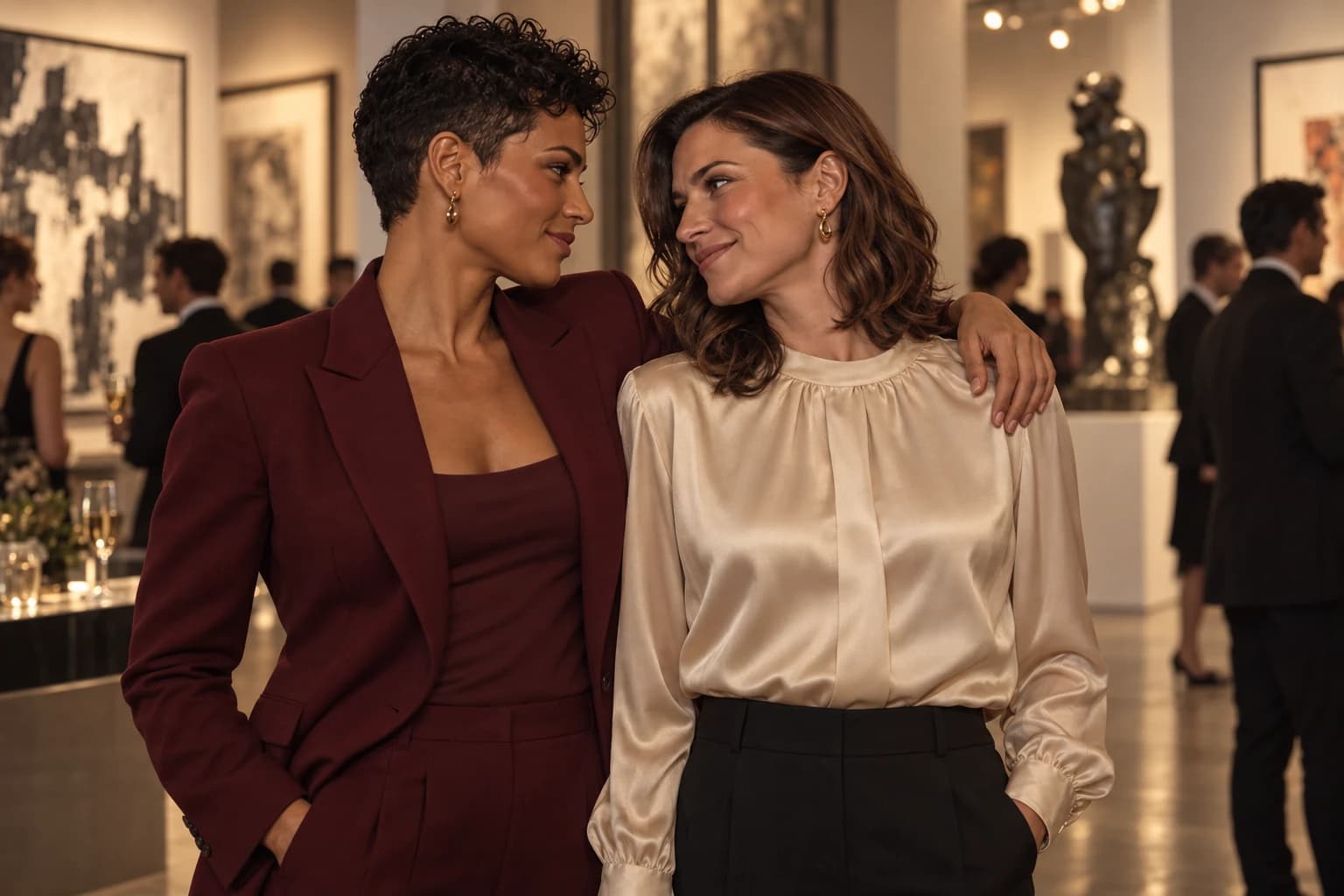 Duas pessoas adultas de apresentação feminina, lado a lado e abraçadas, numa galeria de arte durante uma abertura. Cena editorial de IA; personagens fictícios, não são membros.