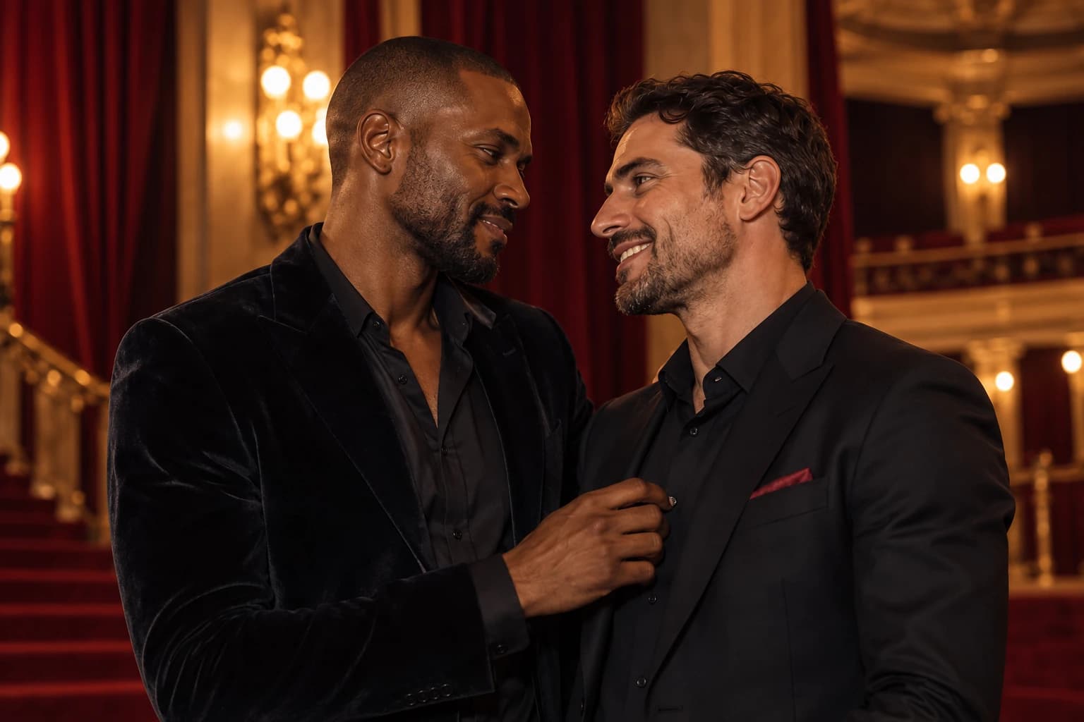 Duas pessoas adultas de apresentação masculina, em trajes escuros, próximas e sorrindo, no salão de um teatro de cortinas vermelhas. Cena editorial de IA; personagens fictícios, não são membros.