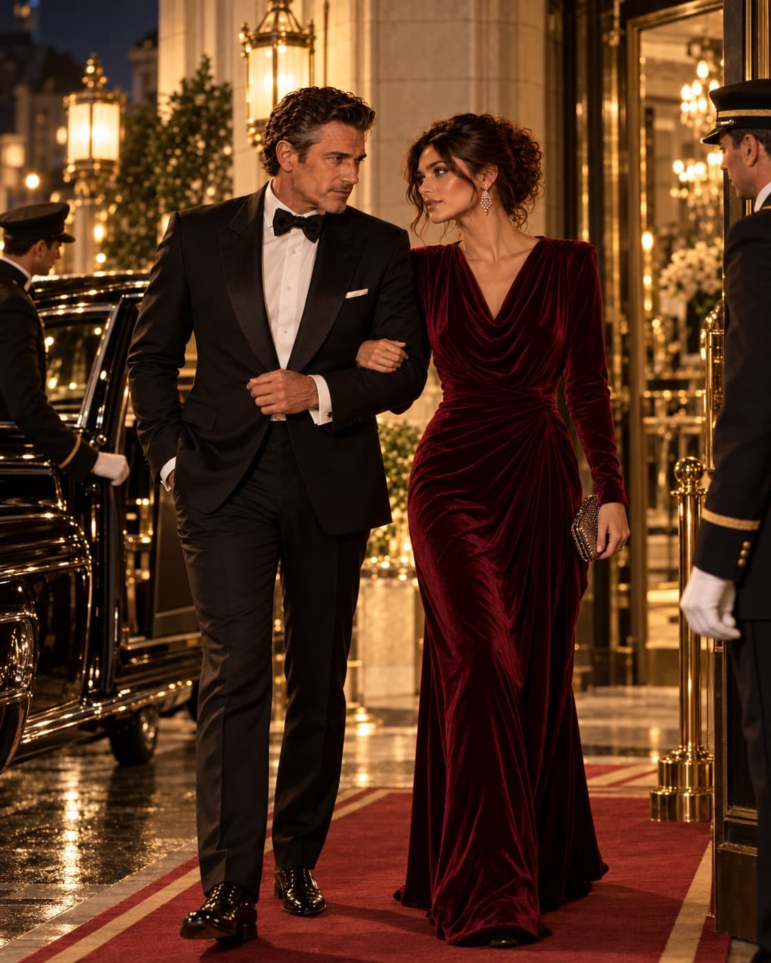 Pareja adulta llegando a una entrada iluminada, lado a lado, en traje de noche.