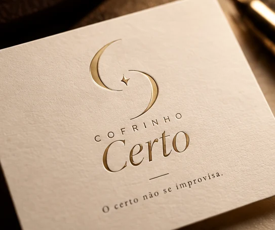 Cartão impresso em papel marfim com a assinatura da Maison em relevo dourado.